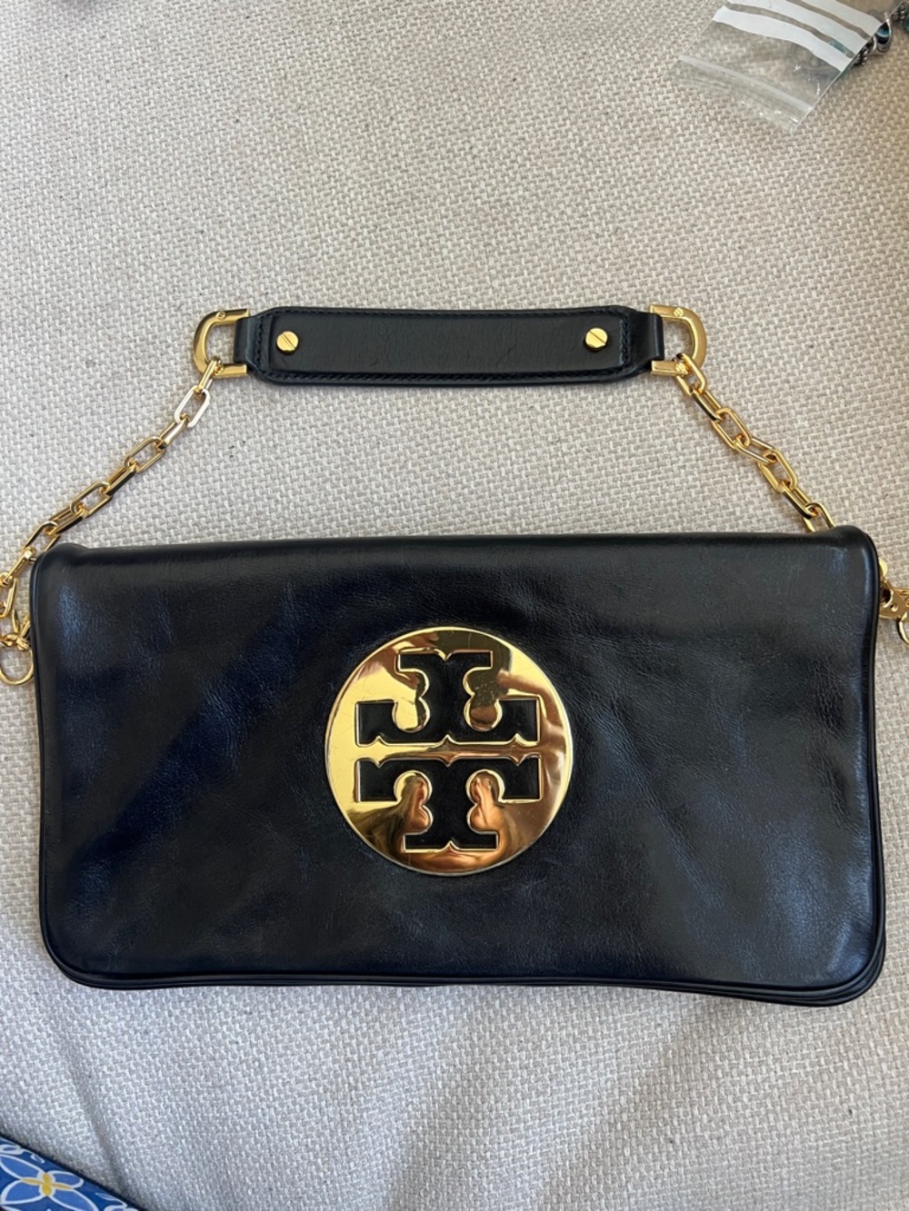 Tory Burch Black Leather Shoulder Bag with Gold Logo Chain